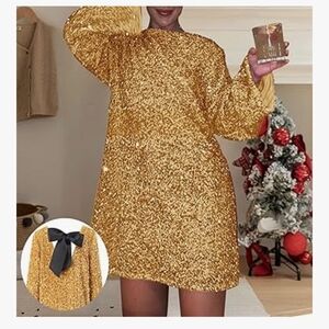 Women's Sequined Dress New Round Neck Long Sleeved Loose Oversized Sexy Sequin S